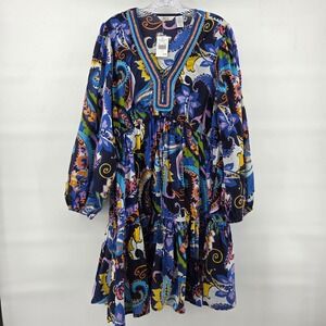Kaktus Paisley Tiered Mini Dress Large Blue Beaded Neck Boho Eclectic NEW